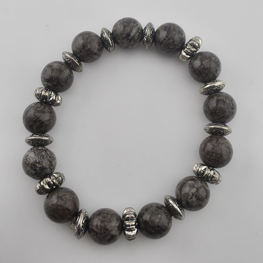 Bali Silver Tone Coffee Bean Jasper Beaded Stretch Bracelet 6" Jewelry